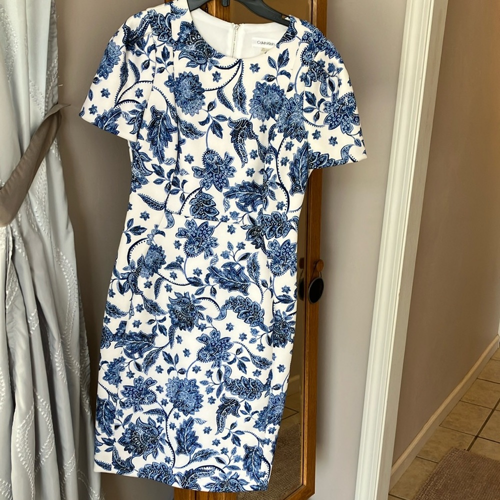 Floral Calvin Klein Blue and White Dress